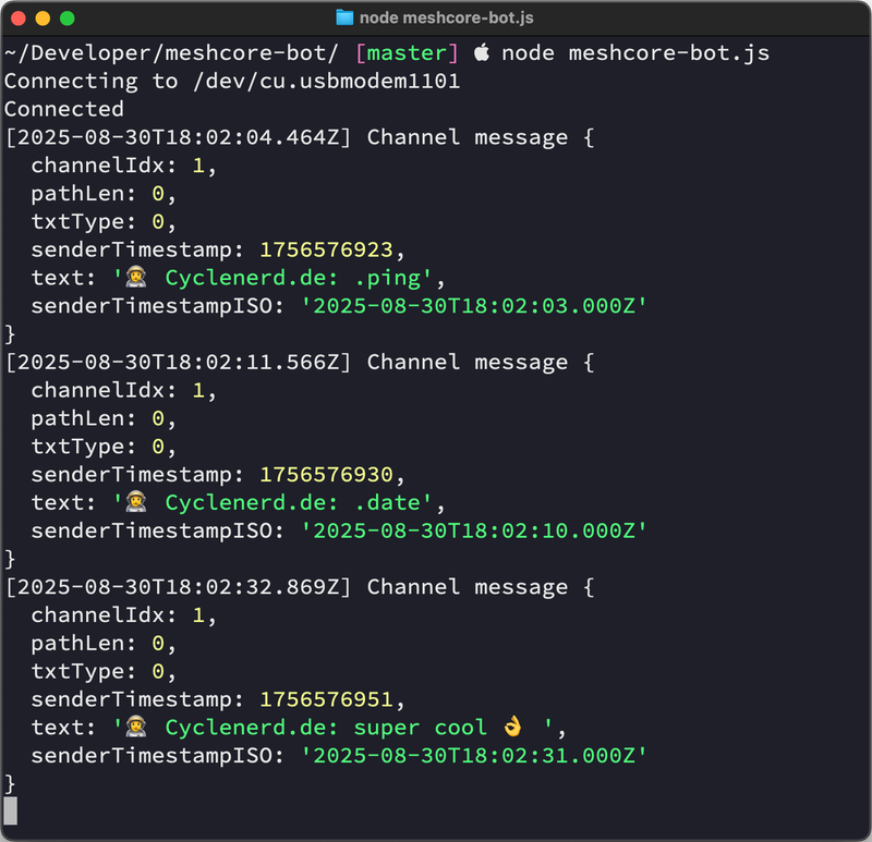 MeshCore bot responses and status logging