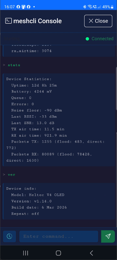 Interactive MeshCore command console