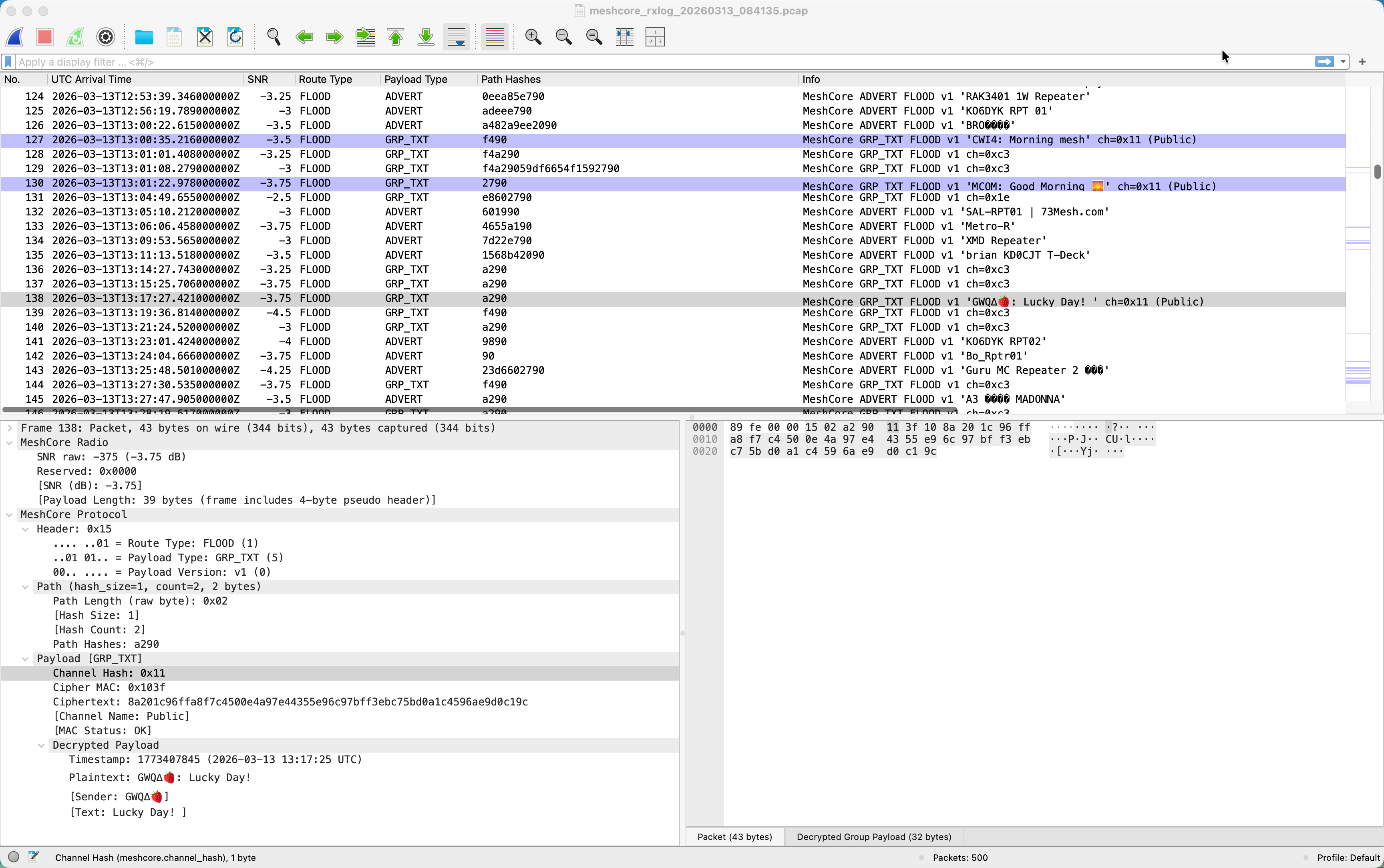 MeshCore packet tree and decrypted group message