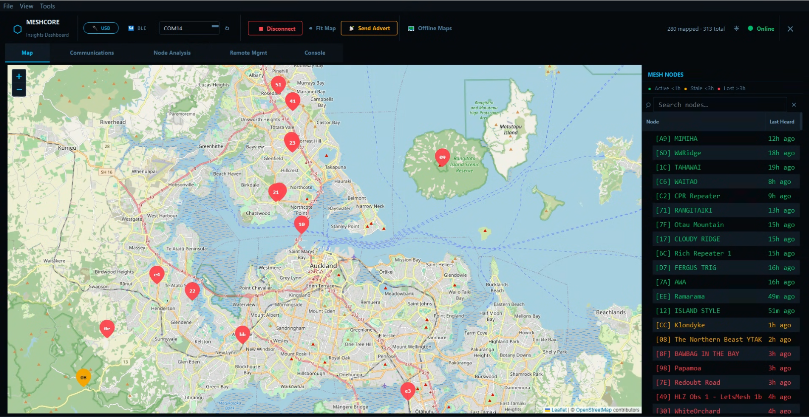 Live node map and searchable mesh-node list