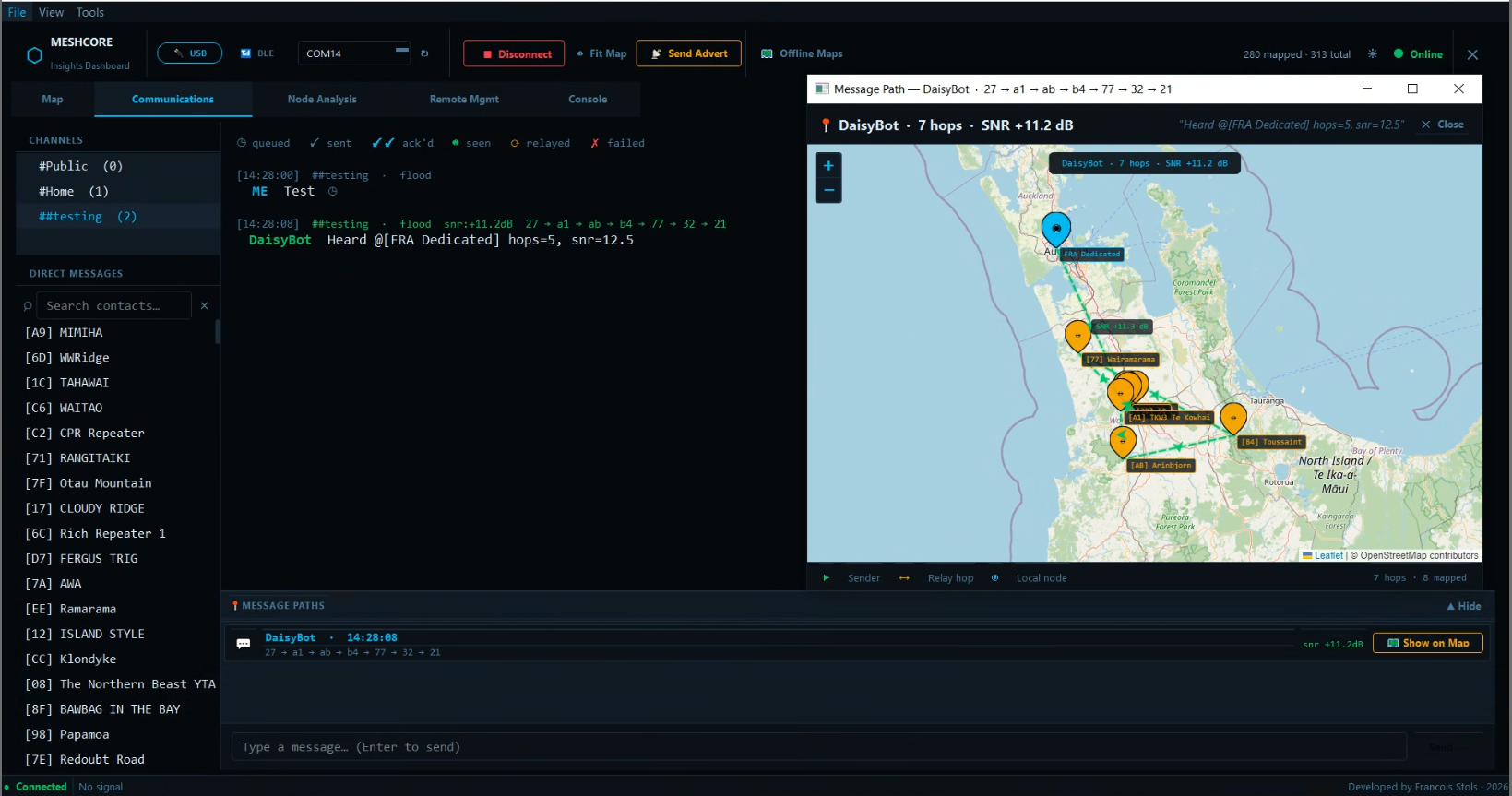 Channel communications with routed-path visualization