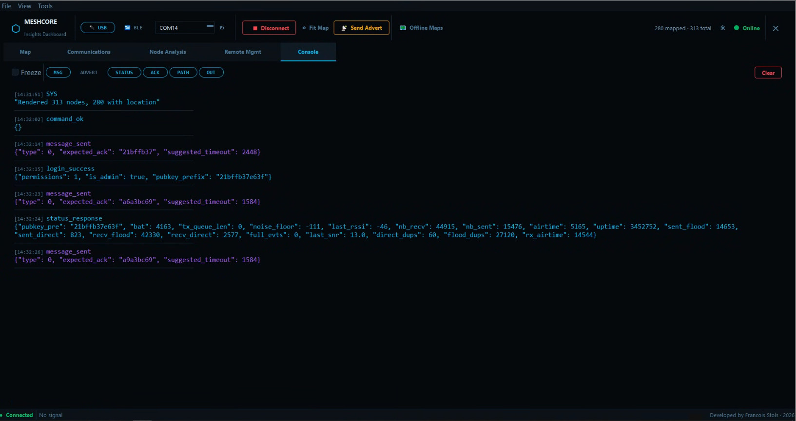 Raw MeshCore event console