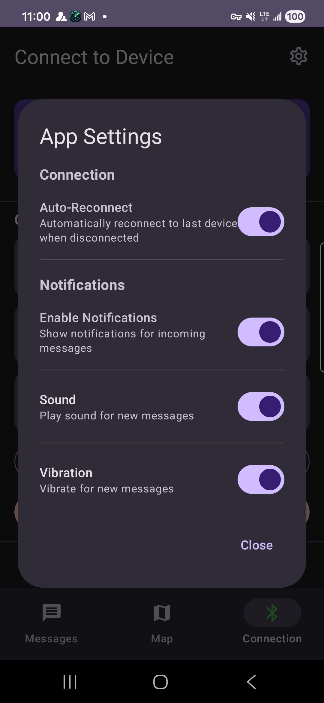 Application and radio settings